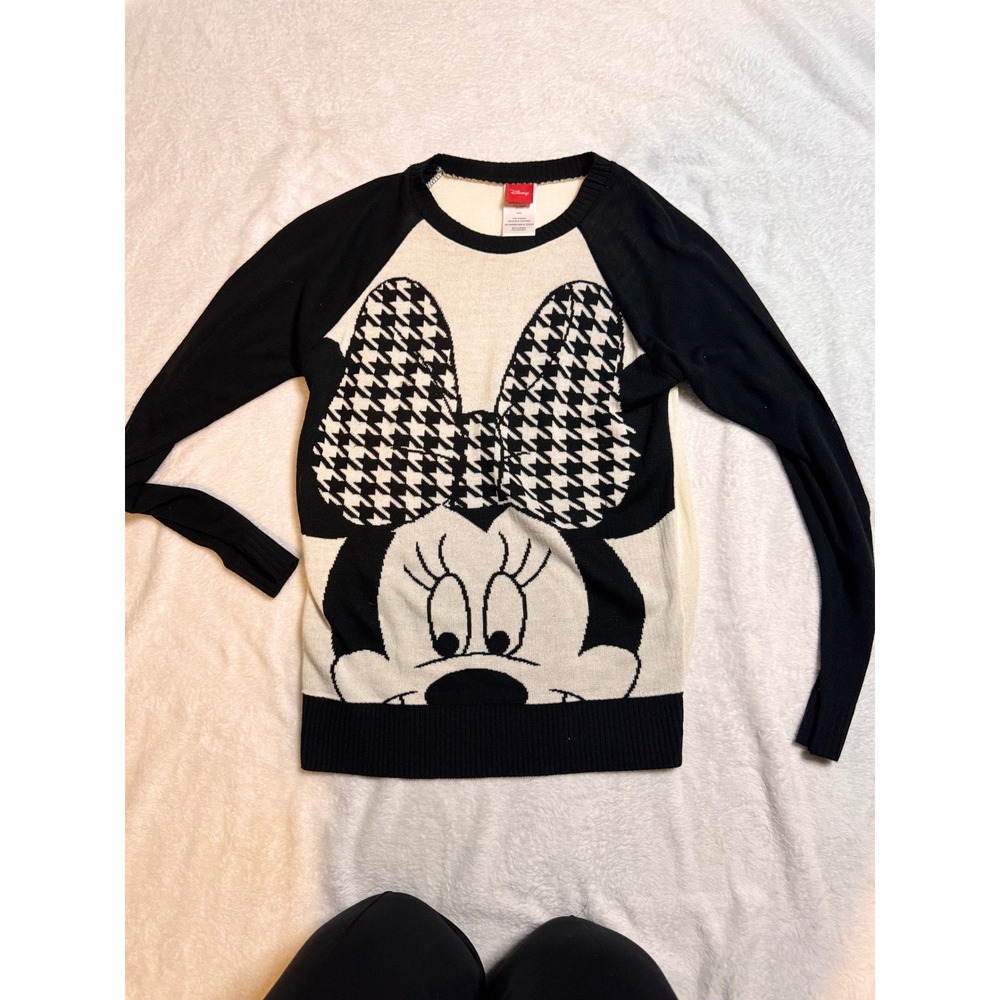 Disney Minnie Mouse Houndstooth Bow Sweater Black White Graphic Sz S lightweight